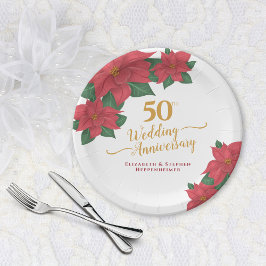 50. Hochzeit Jubiläum Wasserfarbe Rote Poinsettia Pappteller