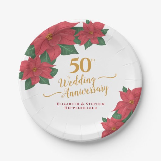 50. Hochzeit Jubiläum Wasserfarbe Rote Poinsettia Pappteller (Vorderseite)