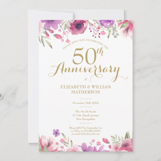 50. Hochzeit Jubiläum Wasserfarben Einladung (Vorderseite)