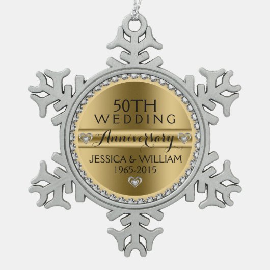 50. Hochzeit Jubiläum Weiße Diamanten & Silber Schneeflocken Zinn-Ornament (Vorderseite)