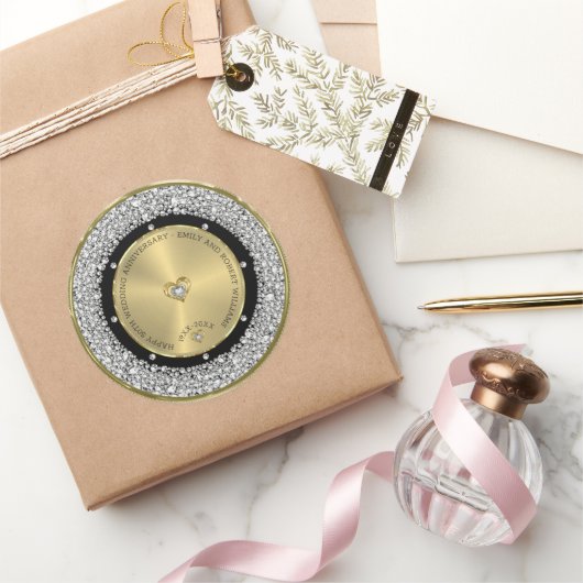 50. Hochzeit Jubiläum weißen Diamanten & Gold Rou Runder Aufkleber (Schenken)