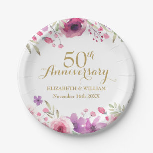 50. Hochzeitsjubiläum Aquarell-Rosen Pappteller