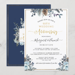 50. Hochzeitsjubiläum, Gold, Marineblau floral Einladung