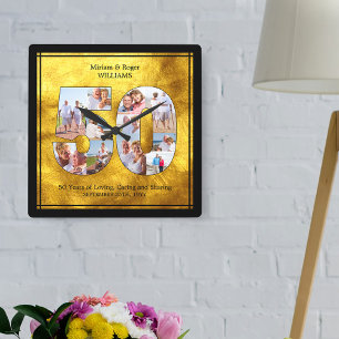 50. Hochzeitsjubiläum Nummer 50 Fotocollage Quadratische Wanduhr