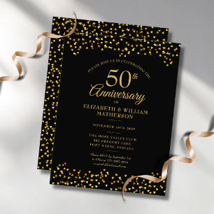50. Hochzeitsjubiläum Schwarze Goldene Herzen Einladungspostkarte