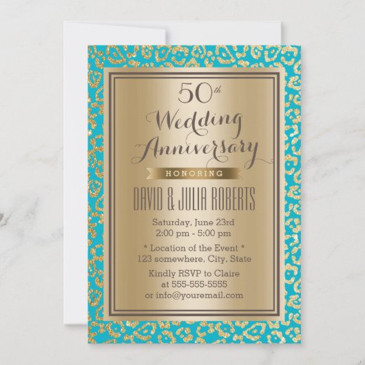50. Hochzeitstag Aquamarin & Gold Leopard Print Einladung (Vorderseite)