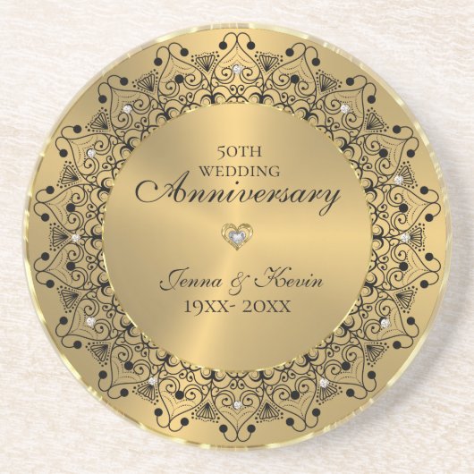 50. Hochzeitstag BlackMandala auf Gold Getränkeuntersetzer (Vorne)