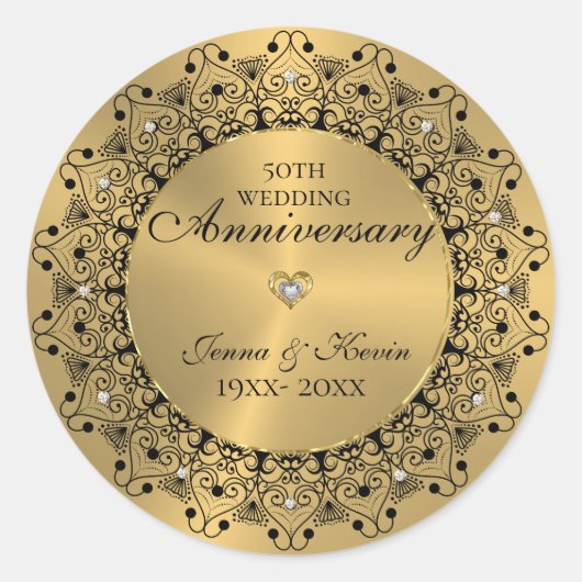50. Hochzeitstag BlackMandala auf Gold Runder Aufkleber (Vorderseite)