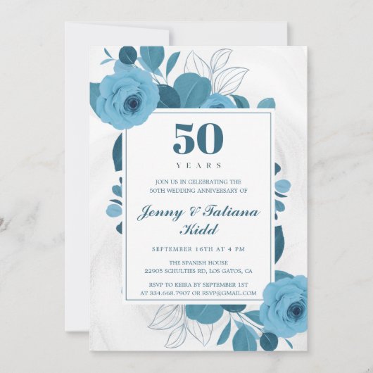 50. Hochzeitstag: Blaue Flora Einladung (Vorderseite)