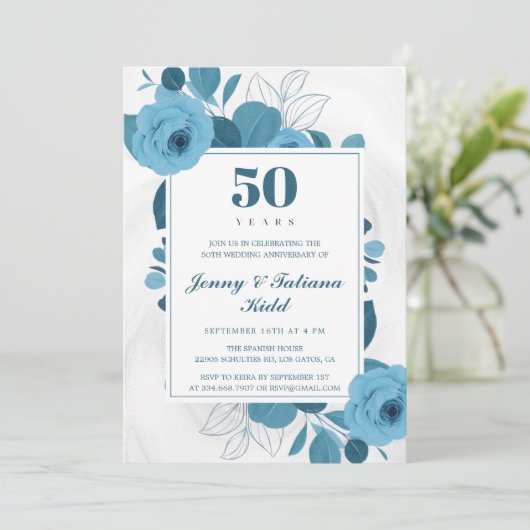 50. Hochzeitstag: Blaue Flora Einladung (Stehend Vorderseite)