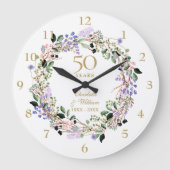 50. Hochzeitstag Blumenlavender Garland Große Wanduhr (Vorderseite)