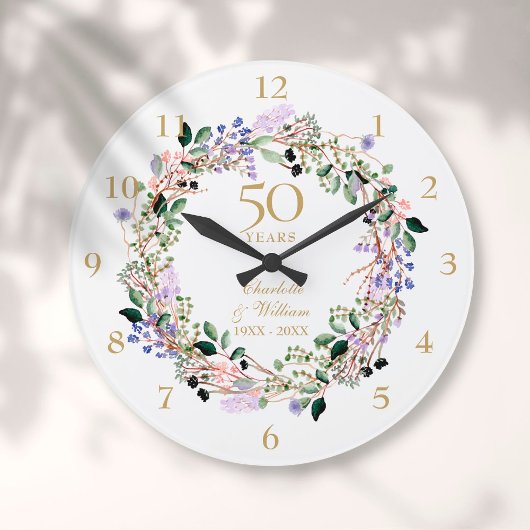 50. Hochzeitstag Blumenlavender Garland Große Wanduhr