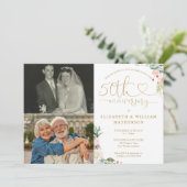 50. Hochzeitstag Blumenmonogramm 2 Fotos Einladung (Stehend Vorderseite)
