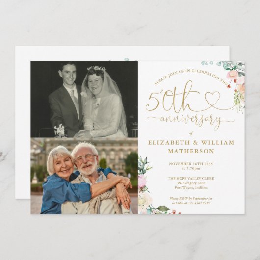 50. Hochzeitstag Blumenmonogramm 2 Fotos Einladung (Vorne/Hinten)