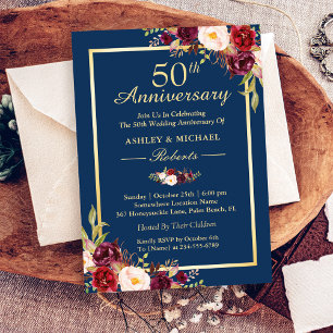 50. Hochzeitstag Burgunder Blumen Navy Blau Einladung