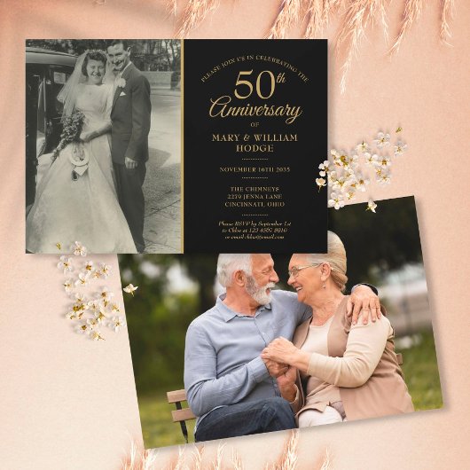 50. Hochzeitstag Gold Black 2 Foto Einladung