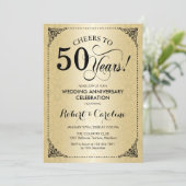 50. Hochzeitstag - Gold Black Damask Einladung (Stehend Vorderseite)