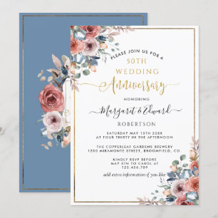 50. Hochzeitstag, Gold Blau Hauch Floral Einladung