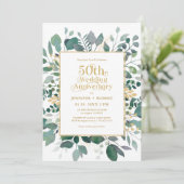 50. Hochzeitstag Gold Greenery Frame Einladung (Stehend Vorderseite)
