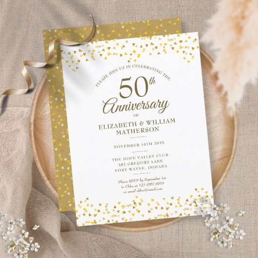 50. Hochzeitstag Gold Hearts Confetti Einladungspostkarte