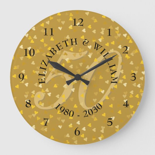 50. Hochzeitstag Gold Hearts Confetti Große Wanduhr (Vorderseite)