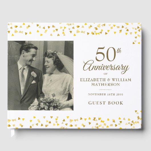 50. Hochzeitstag Gold Hearts Foto Gästebuch (Vorderseite)