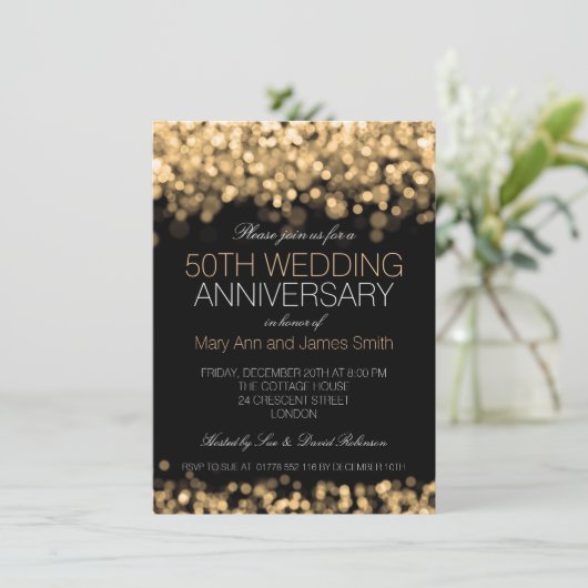 50. Hochzeitstag Gold Lights Einladung (Stehend Vorderseite)