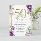 50. Hochzeitstag Gold Lila Peony Einladung (Stehend Vorderseite)