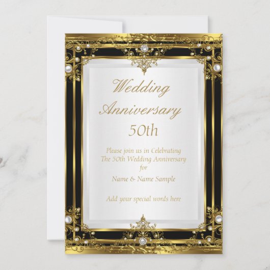 50. Hochzeitstag Gold Schwarz-weiße Perle 2 Einladung (Vorderseite)