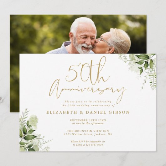 50. Hochzeitstag Gold Script Foto Einladung (Vorne/Hinten)