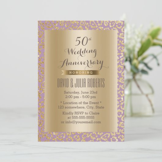50. Hochzeitstag Gold & Violet Leopard Einladung (Stehend Vorderseite)