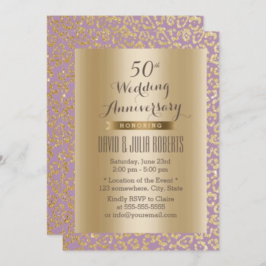 50. Hochzeitstag Gold & Violet Leopard Einladung (Vorne/Hinten)