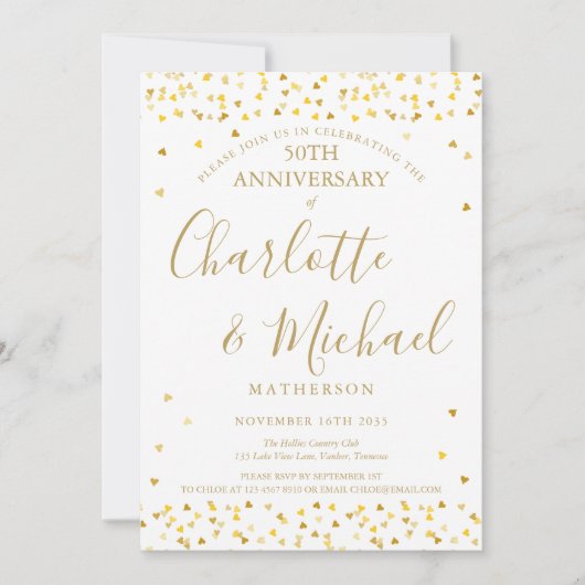 50. Hochzeitstag, Goldene Herzen Unterschrift Einladung (Vorderseite)