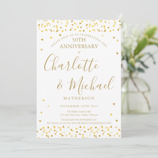50. Hochzeitstag, Goldene Herzen Unterschrift Einladung (Stehend Vorderseite)