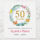 50. Hochzeitstag Goldener Blumenreath Weinetikett (Einzelnes Label)