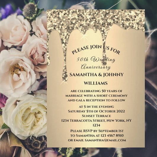 50. Hochzeitstag Goldener Glitzer Tropfen Einladung