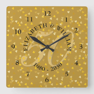 50. Hochzeitstag-GoldherzenConfetti Quadratische Wanduhr