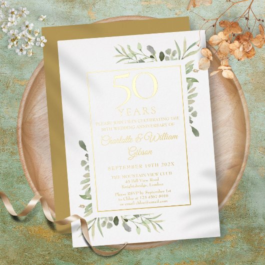 50. Hochzeitstag Jubiläum Aquarellgrün Gold Folieneinladung