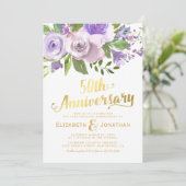 50. Hochzeitstag Lila Goldflora Einladung (Stehend Vorderseite)