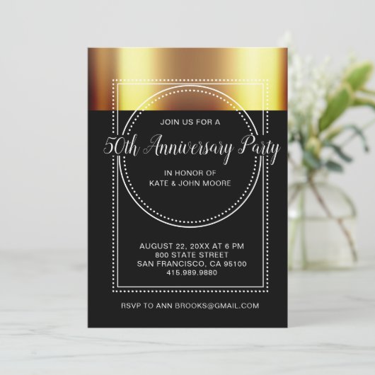 50. Hochzeitstag Metallic Gold Black Einladung (Stehend Vorderseite)