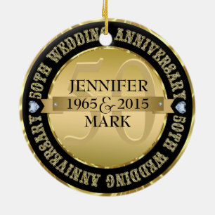 50. Hochzeitstag Metallic Gold & Schwarz 2 Keramik Ornament