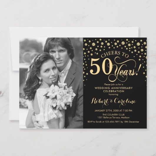 50. Hochzeitstag mit Foto - Gold Black Einladung (Vorderseite)