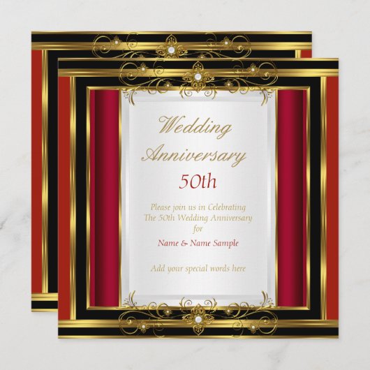 50. Hochzeitstag Red Gold Schwarz-weiß Einladung (Vorne/Hinten)