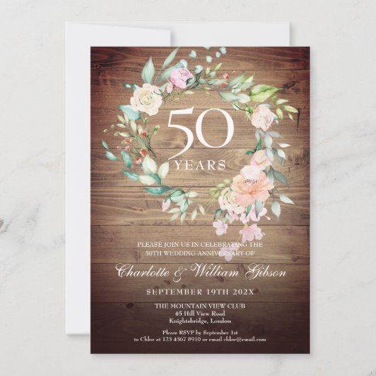 50. Hochzeitstag Rustikale Rose Einladung (Vorderseite)