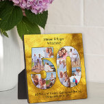 50. Hochzeitstag Schwarzes Gold FotoCollage Fotoplatte<br><div class="desc">50. Hochzeitstag Foto Plaque - gemacht mit 11 Ihrer Lieblings-Fotos. Ein stilvoller Sake mit gebürstetem goldfarbenem Hintergrund und schwarzer Typografie. Die Fotovorlage ist für Sie Set, um Bilder hochzuladen, sodass sie automatisch eine Zahl 50 Foto Collage bilden. Das Design nutzt Portrait, Landschaft und Quadrat Formen, um Ihnen genug Flexibilität zu...</div>
