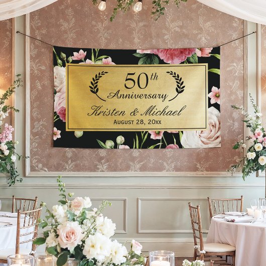 50. Hochzeitstag Schwarzes Gold Vintage Blüte Banner