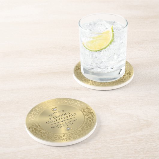 50. Hochzeitstag Shiny Floral Gold Rahmen Getränkeuntersetzer (Seite)