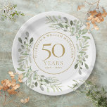 50. Hochzeitstag Wasserfarbenwelt Pappteller<br><div class="desc">Mit delikaten,  sanften Aquarellfarben-Blätter kann diese schicke botanische 50-jährige Hochzeitspapierplatte mit Ihren Jubiläumsinformationen in edlem Goldtext personalisiert werden. Entwickelt von Thisisnotme©</div>