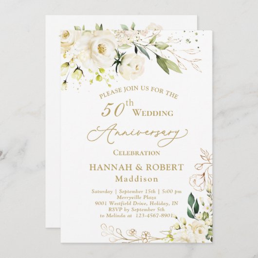 50. Hochzeitstag Weißes Rosenblatt Einladung (Vorne/Hinten)