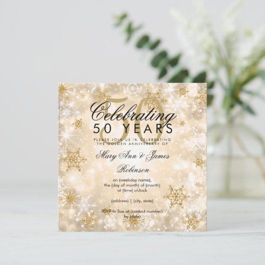 50. Hochzeitstag Wintersparkle Gold Einladung (Stehend Vorderseite)